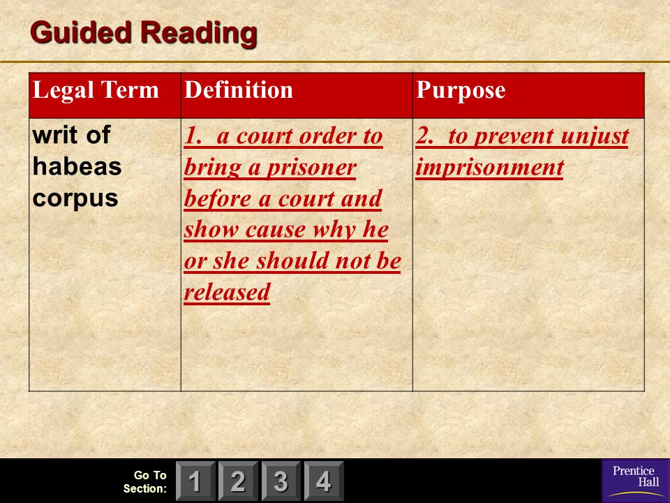 Guided Reading Legal Term Definition Purpose writ of habeas corpus