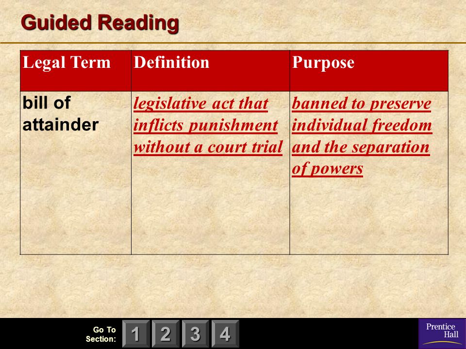 Guided Reading Legal Term Definition Purpose bill of attainder