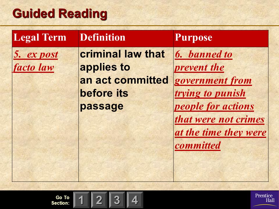 Guided Reading Legal Term Definition Purpose 5. ex post facto law