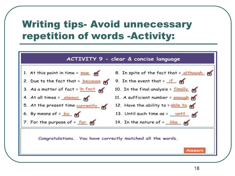 Writing tips- Avoid unnecessary repetition of words -Activity: