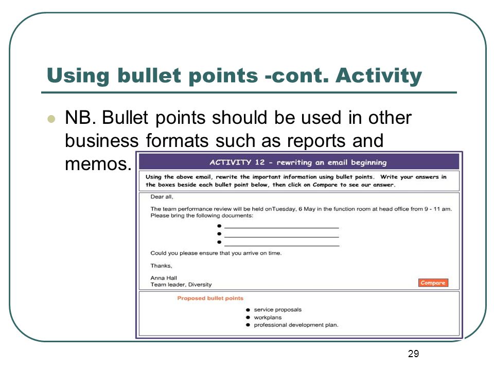 Using bullet points -cont. Activity