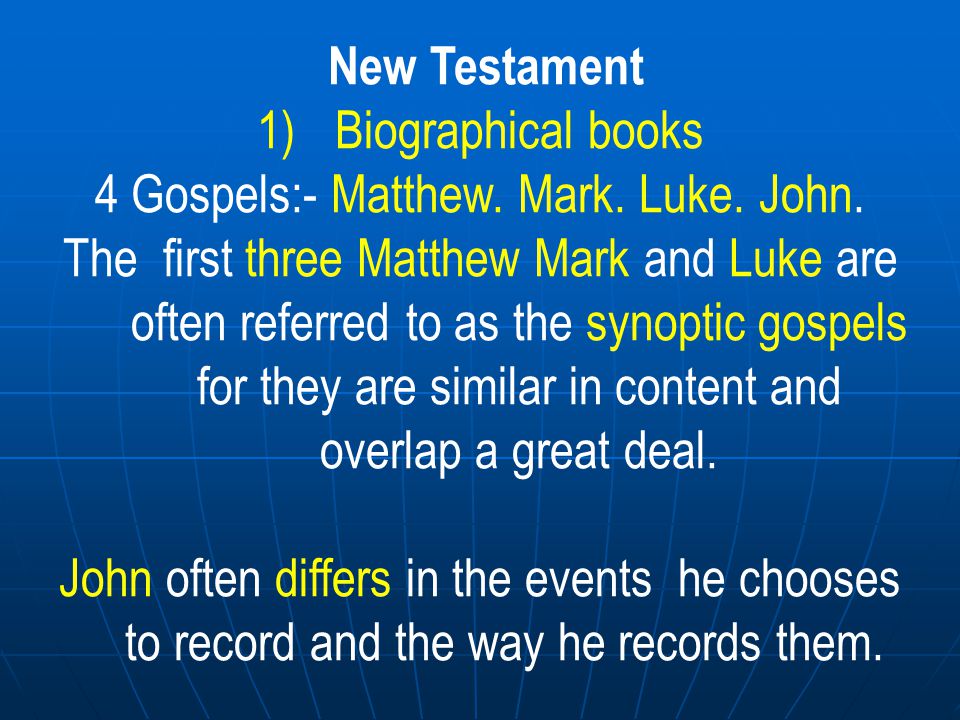 4 Gospels:- Matthew. Mark. Luke. John.