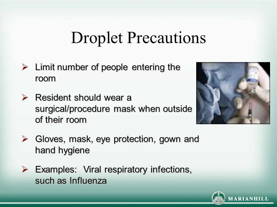Droplet Precautions Limit number of people entering the room