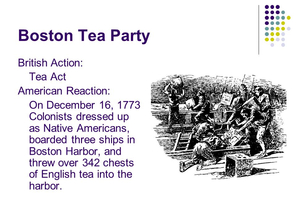 Boston Tea Party British Action: Tea Act American Reaction: