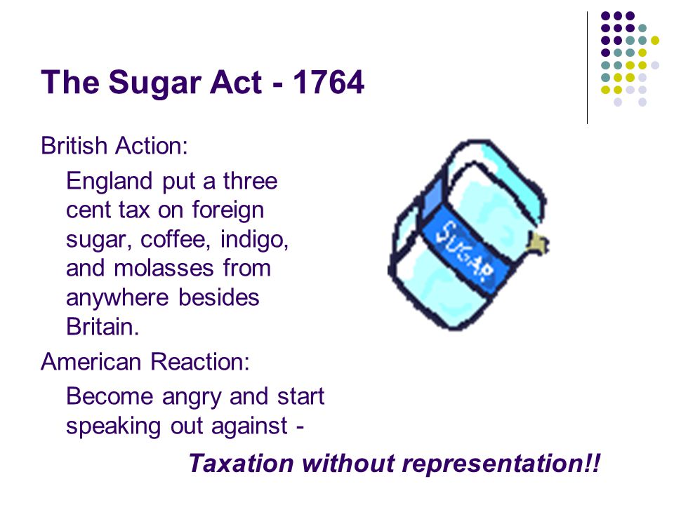 The Sugar Act Taxation without representation!! British Action: