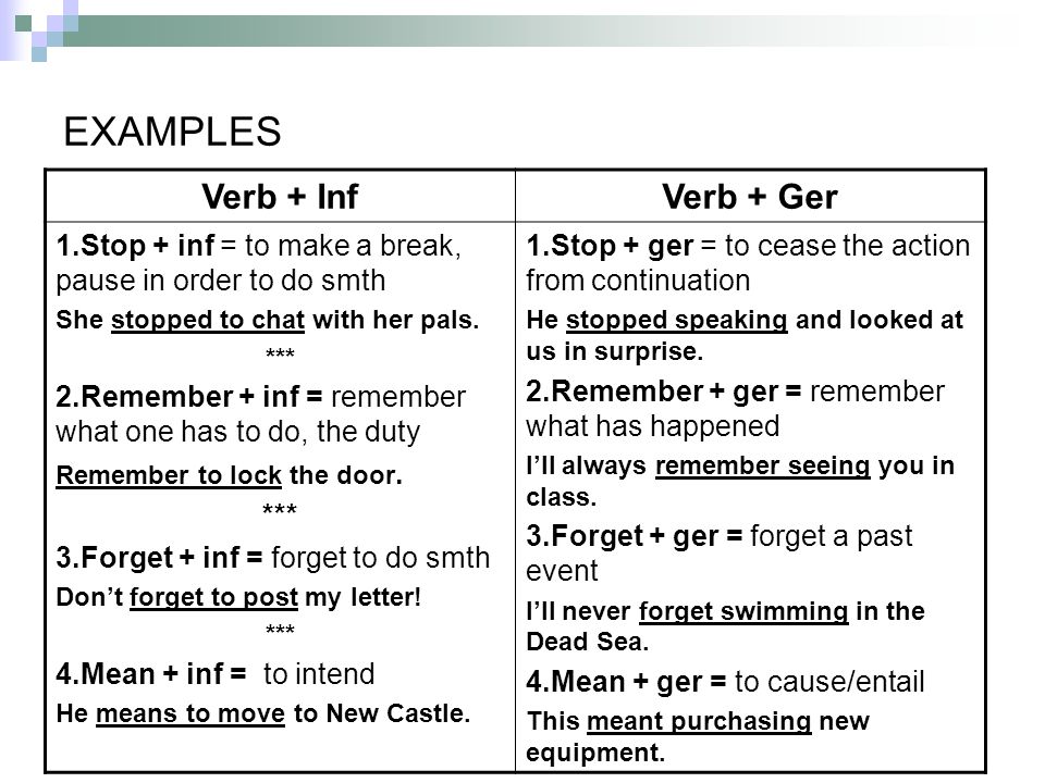 EXAMPLES Verb + Inf Verb + Ger