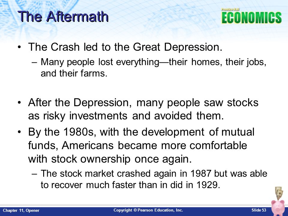 The Aftermath The Crash led to the Great Depression.