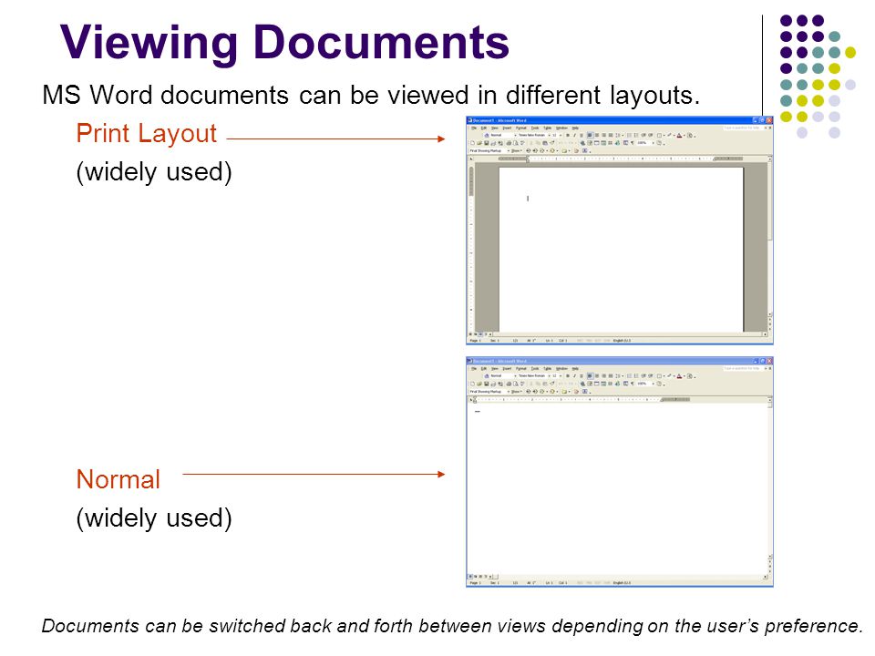 Viewing Documents MS Word documents can be viewed in different layouts. Print Layout. (widely used)