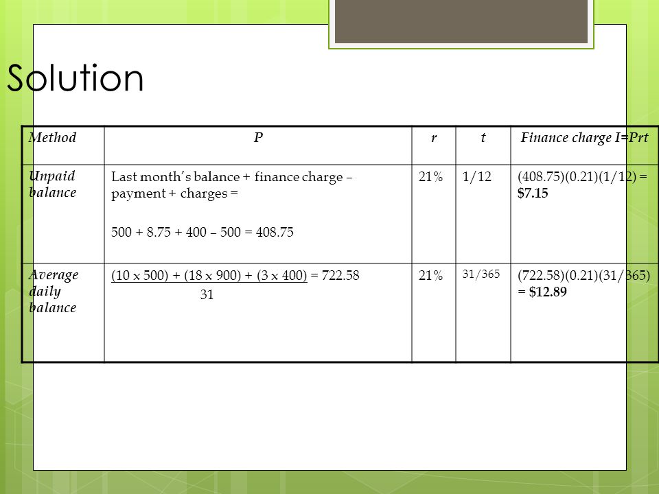 Solution Method P r t Finance charge I=Prt Unpaid balance
