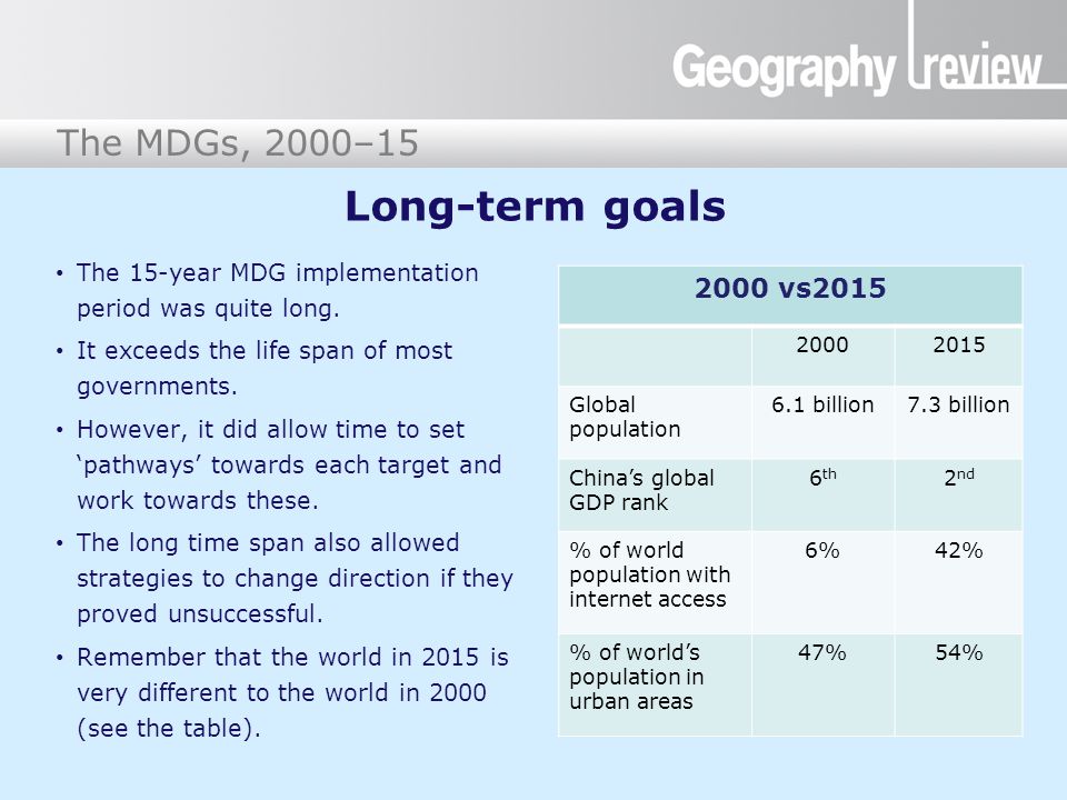 Long-term goals The 15-year MDG implementation period was quite long. It exceeds the life span of most governments.