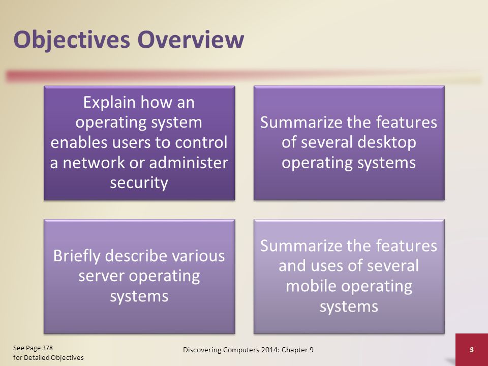 Objectives Overview Explain how an operating system enables users to control a network or administer security.