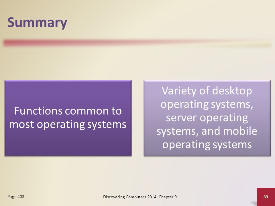 Summary Functions common to most operating systems. Variety of desktop operating systems, server operating systems, and mobile operating systems.