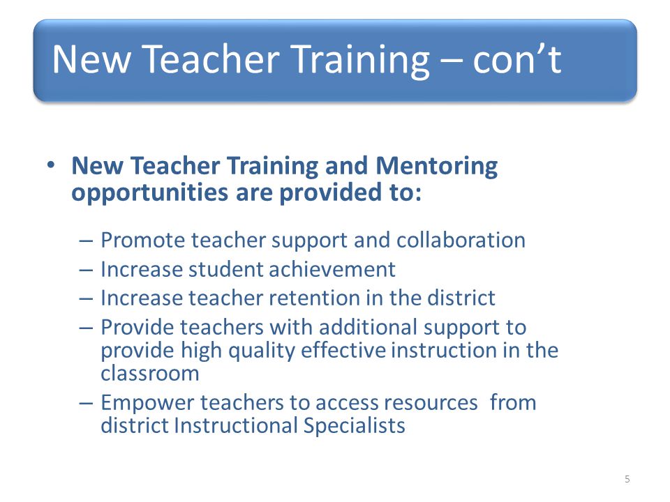 New Teacher Training and Mentoring opportunities are provided to: