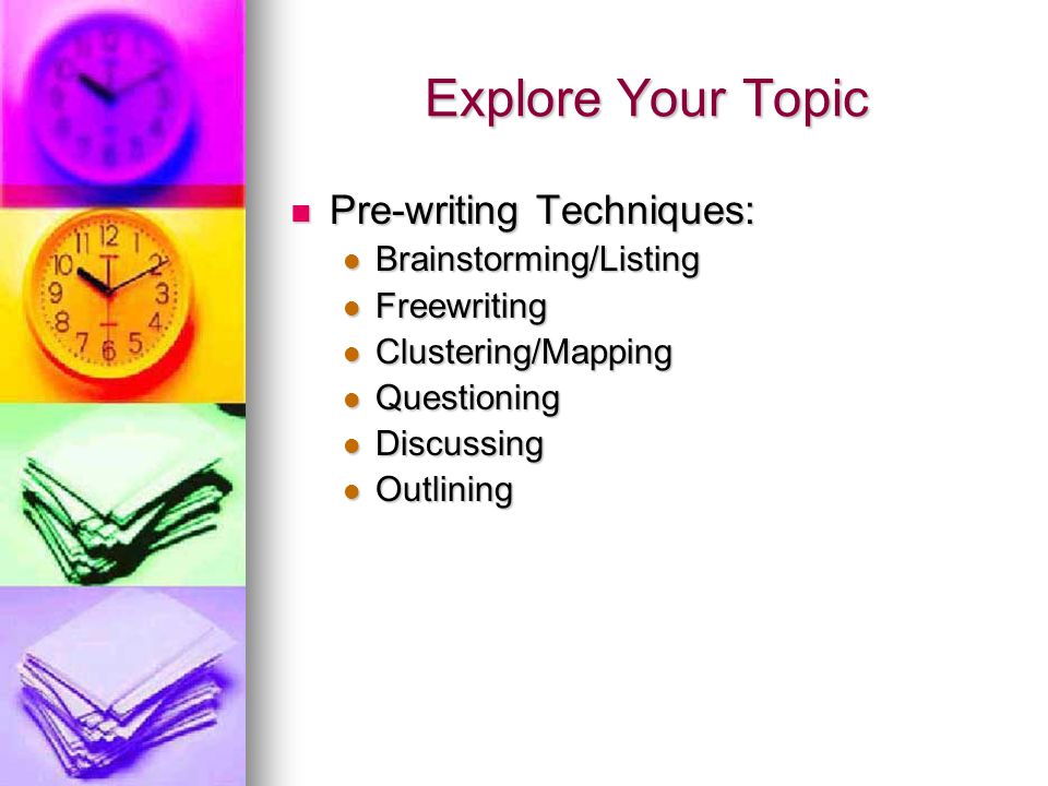 Explore Your Topic Pre-writing Techniques: Brainstorming/Listing