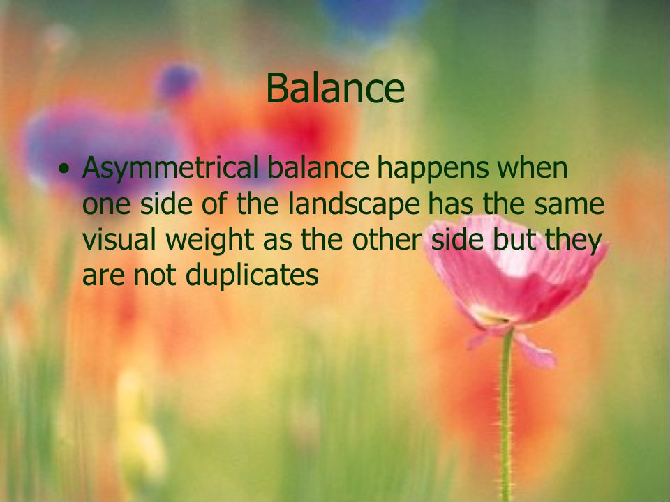 Balance Asymmetrical balance happens when one side of the landscape has the same visual weight as the other side but they are not duplicates.