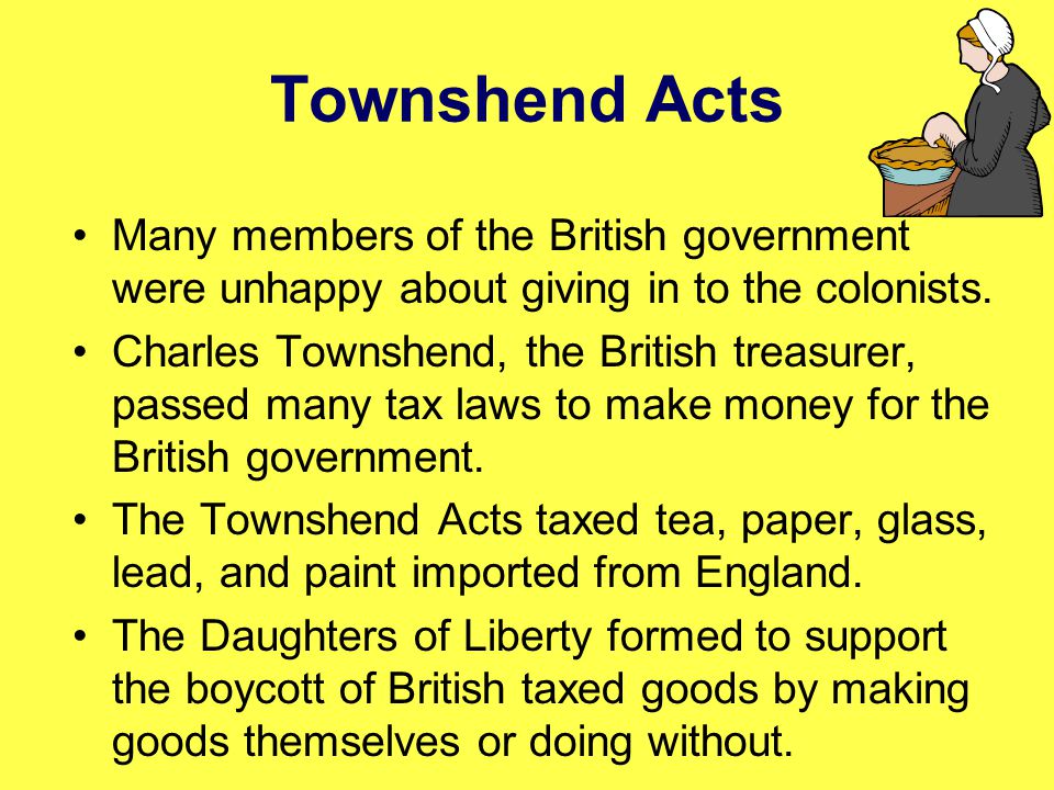 Townshend Acts Many members of the British government were unhappy about giving in to the colonists.