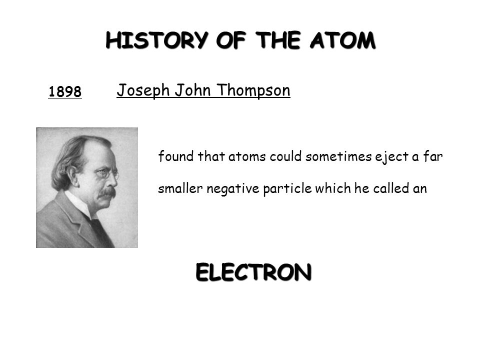HISTORY OF THE ATOM ELECTRON Joseph John Thompson 1898