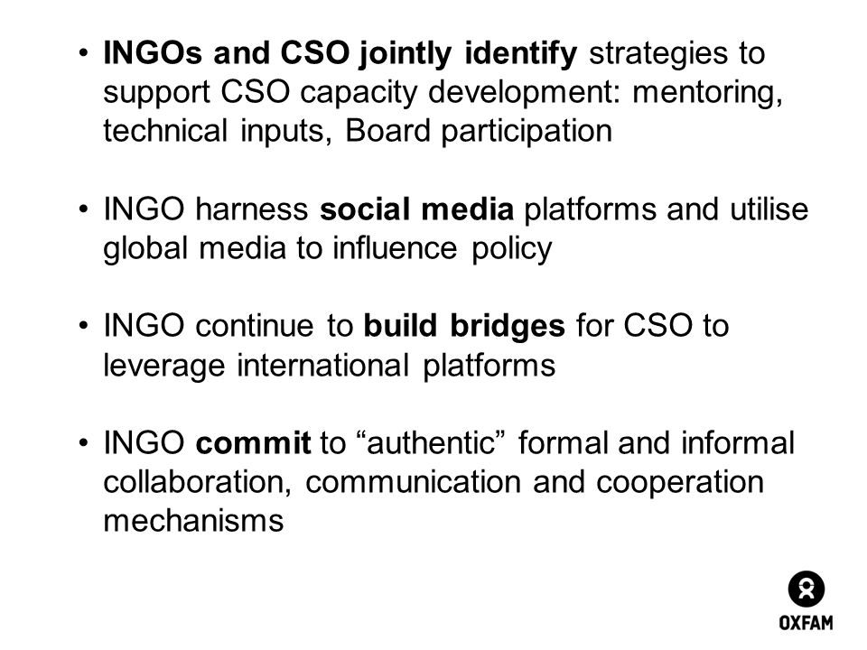 INGOs and CSO jointly identify strategies to support CSO capacity development: mentoring, technical inputs, Board participation