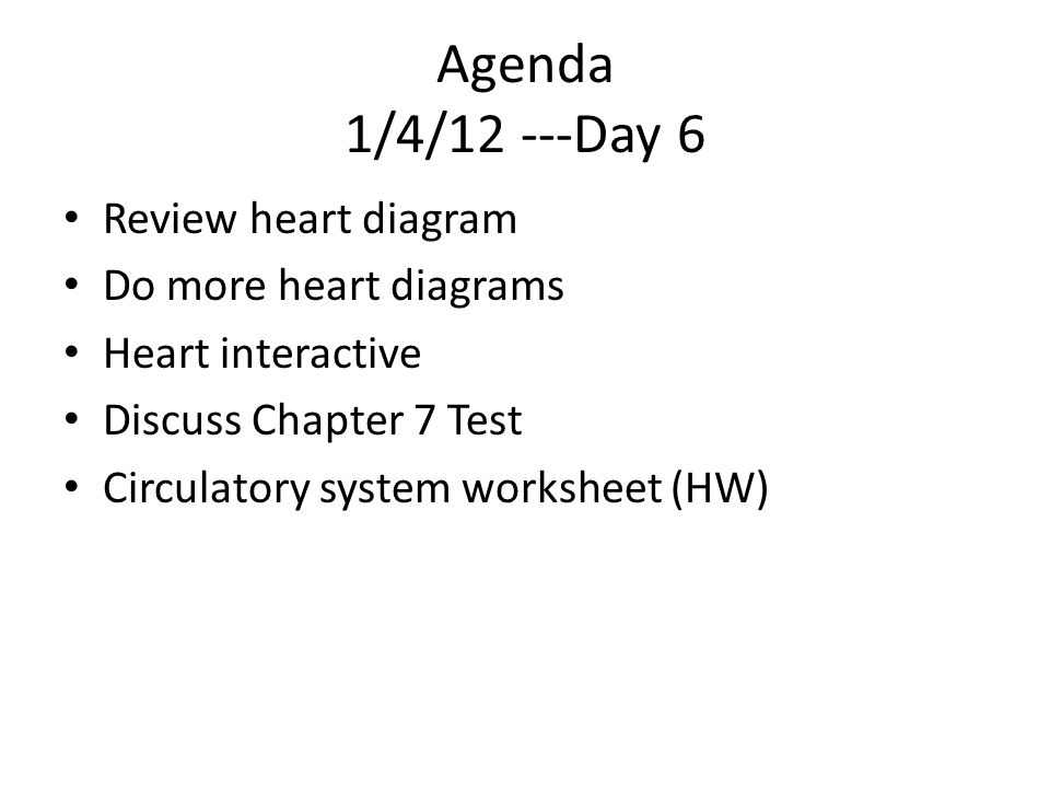 Agenda 1/4/12 ---Day 6 Review heart diagram Do more heart diagrams