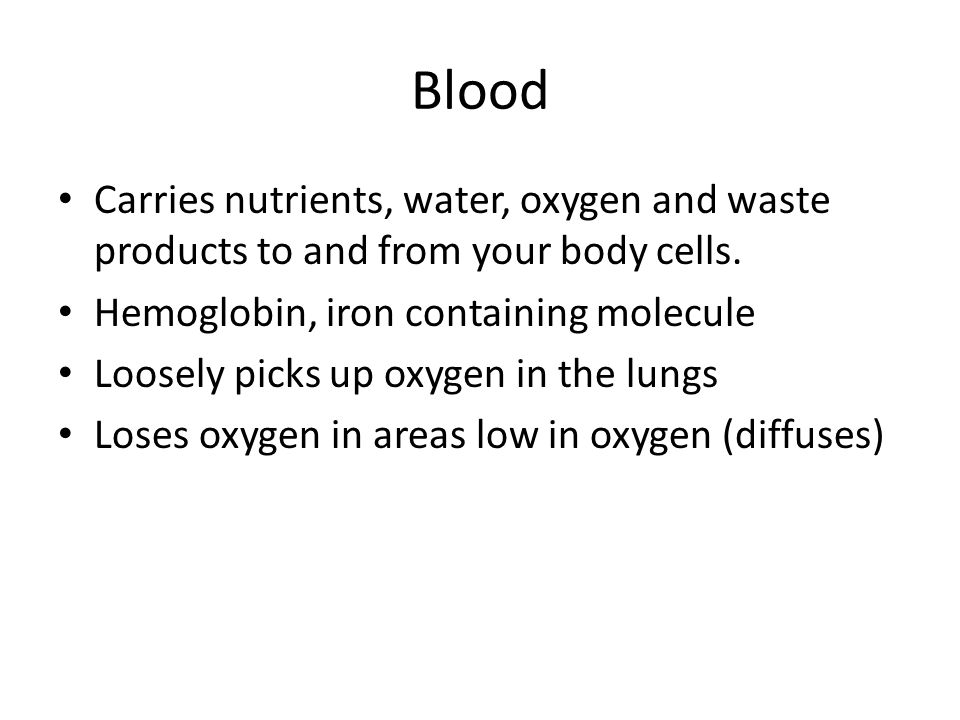 Blood Carries nutrients, water, oxygen and waste products to and from your body cells. Hemoglobin, iron containing molecule.
