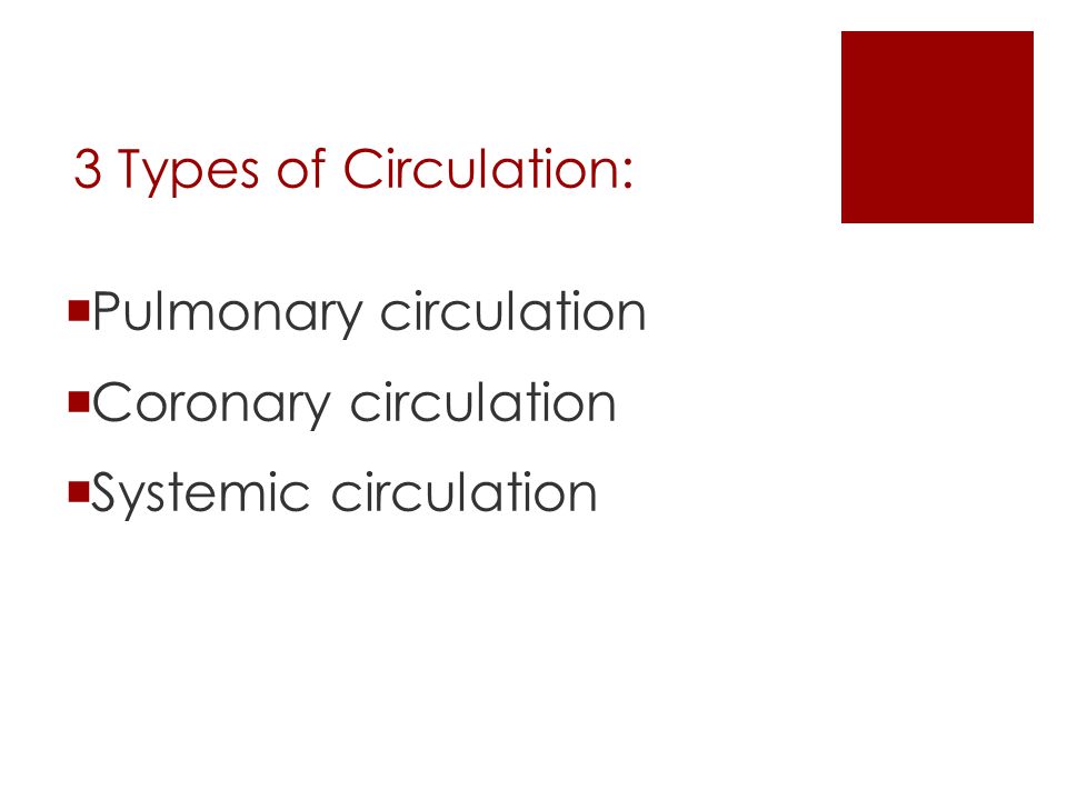 3 Types of Circulation: Pulmonary circulation Coronary circulation Systemic circulation