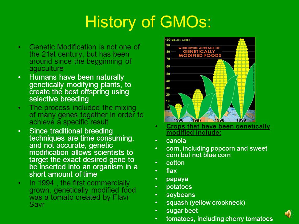 History of GMOs: Genetic Modification is not one of the 21st century, but has been around since the begginning of aguculture.
