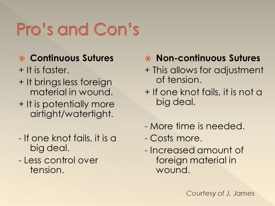 Pro’s and Con’s Continuous Sutures + It is faster.