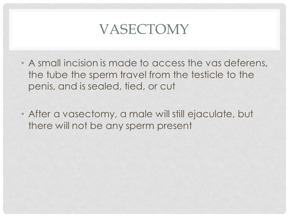 vasectomy A small incision is made to access the vas deferens, the tube the sperm travel from the testicle to the penis, and is sealed, tied, or cut.