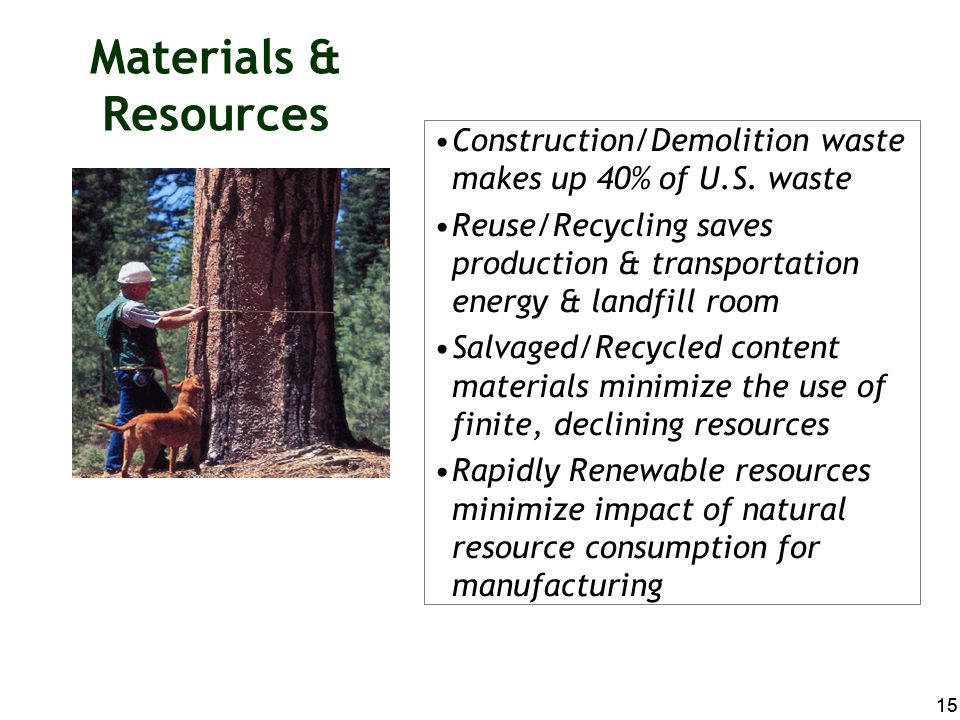 Materials & Resources Construction/Demolition waste makes up 40% of U.S. waste.