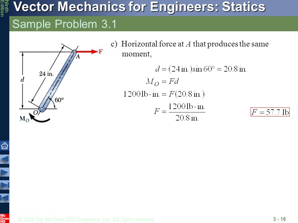 Sample Problem 3.1 c) Horizontal force at A that produces the same moment,