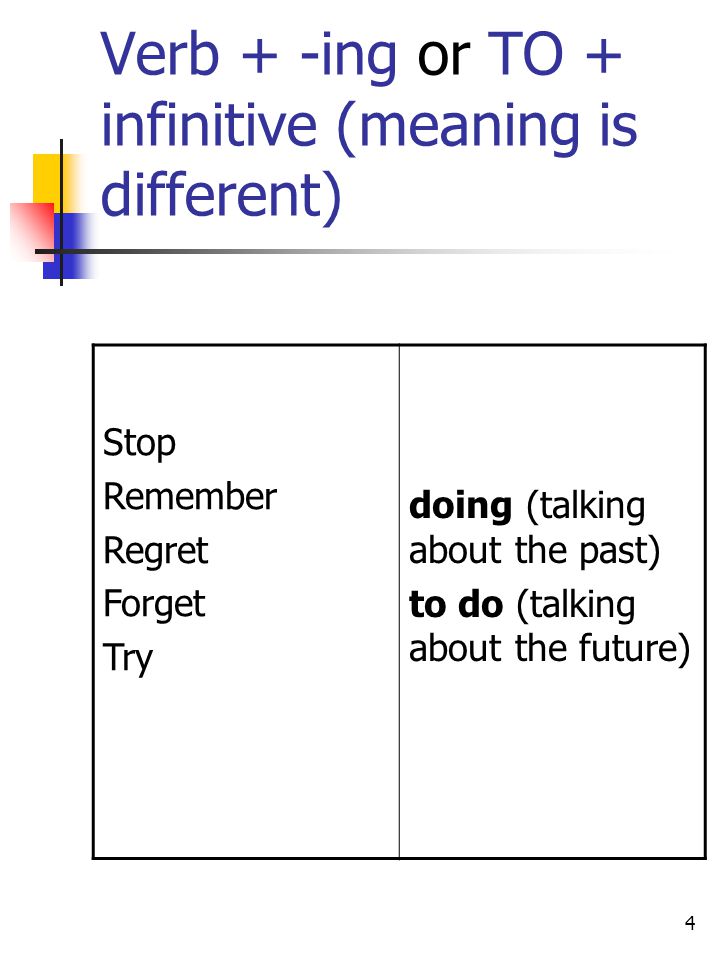 Verb + -ing or TO + infinitive (meaning is different)