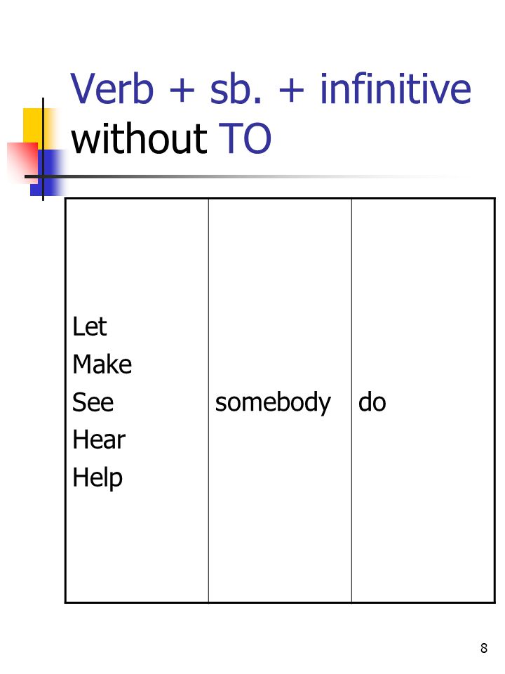 Verb + sb. + infinitive without TO