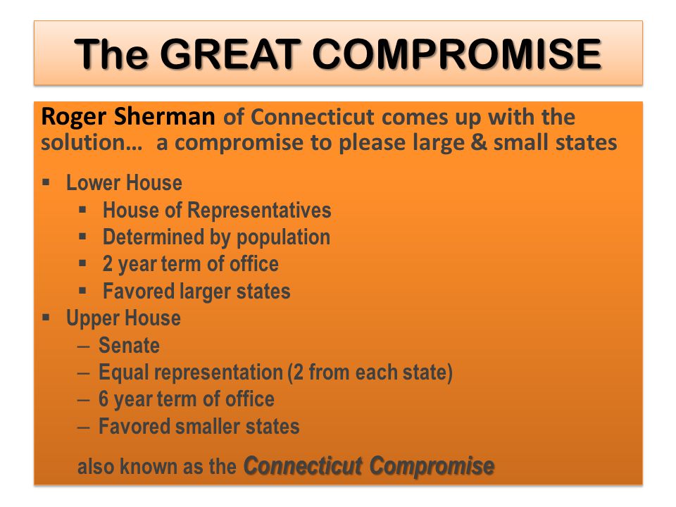 The GREAT COMPROMISE Roger Sherman of Connecticut comes up with the solution… a compromise to please large & small states.