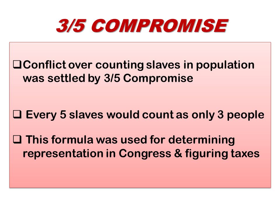 3/5 COMPROMISE Conflict over counting slaves in population was settled by 3/5 Compromise. Every 5 slaves would count as only 3 people.