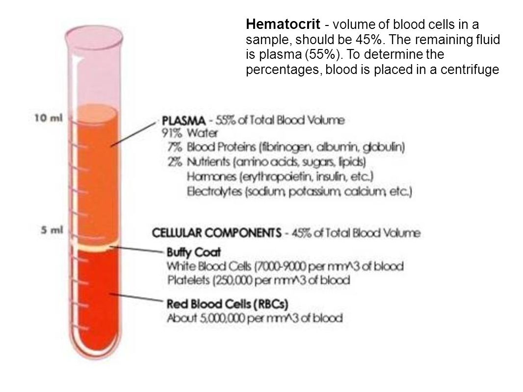 Hematocrit - volume of blood cells in a sample, should be 45%