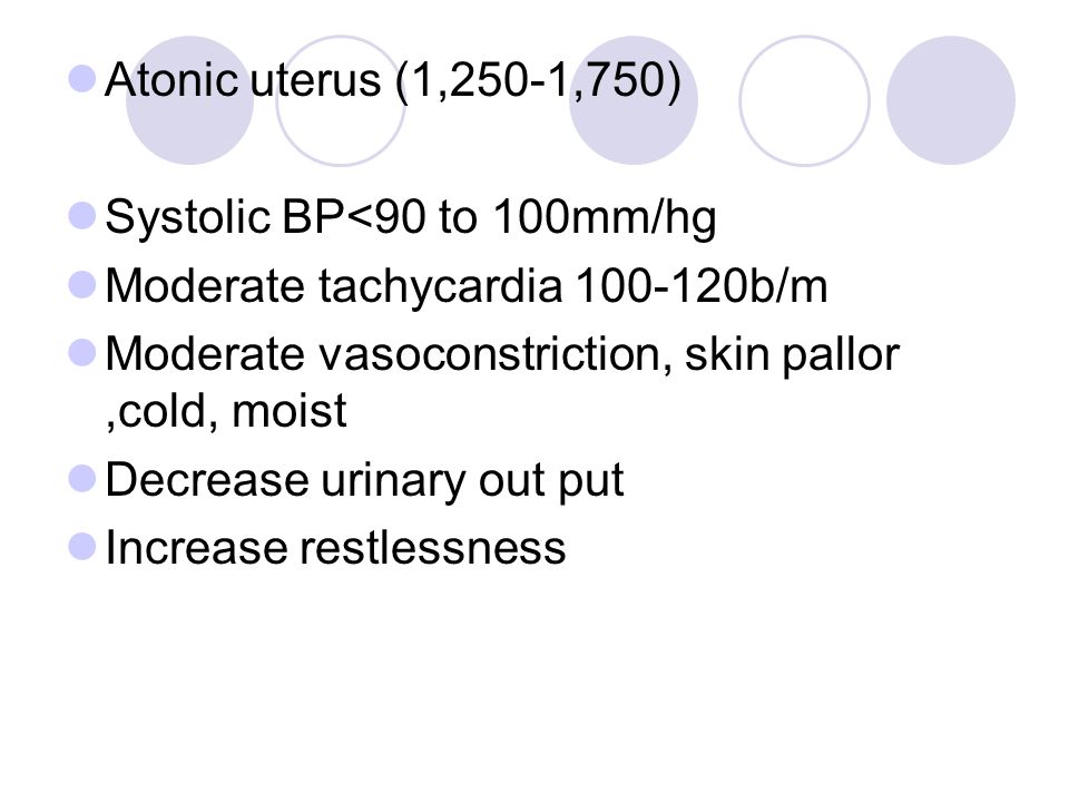 Atonic uterus (1,250-1,750) Systolic BP<90 to 100mm/hg. Moderate tachycardia b/m. Moderate vasoconstriction, skin pallor ,cold, moist.