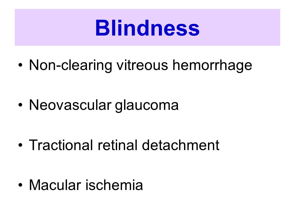 Blindness Non-clearing vitreous hemorrhage Neovascular glaucoma