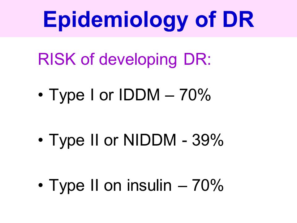 Epidemiology of DR RISK of developing DR: Type I or IDDM – 70%