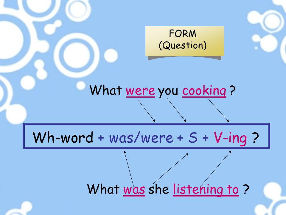 Wh-word + was/were + S + V-ing