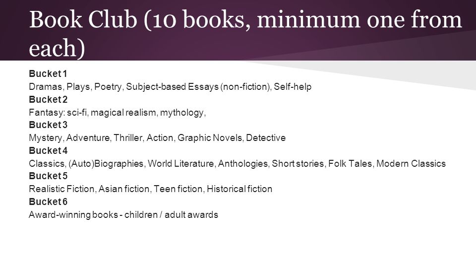 Book Club (10 books, minimum one from each)