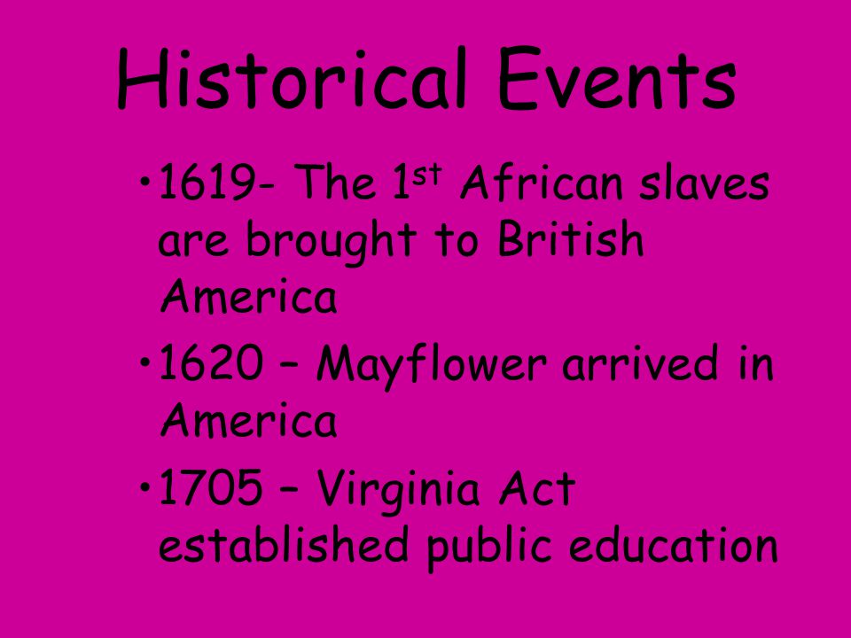 Historical Events The 1st African slaves are brought to British America – Mayflower arrived in America.