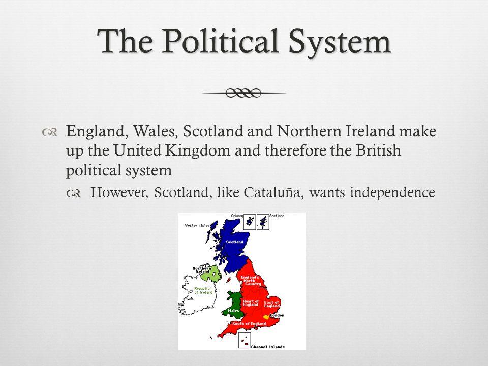 The Political System England, Wales, Scotland and Northern Ireland make up the United Kingdom and therefore the British political system.