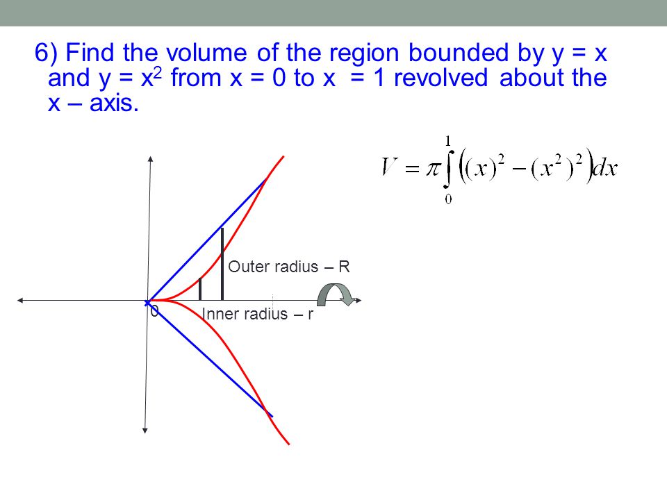 6) Find the volume of the region bounded by y = x and y = x2 from x = 0 to x = 1 revolved about the x – axis.