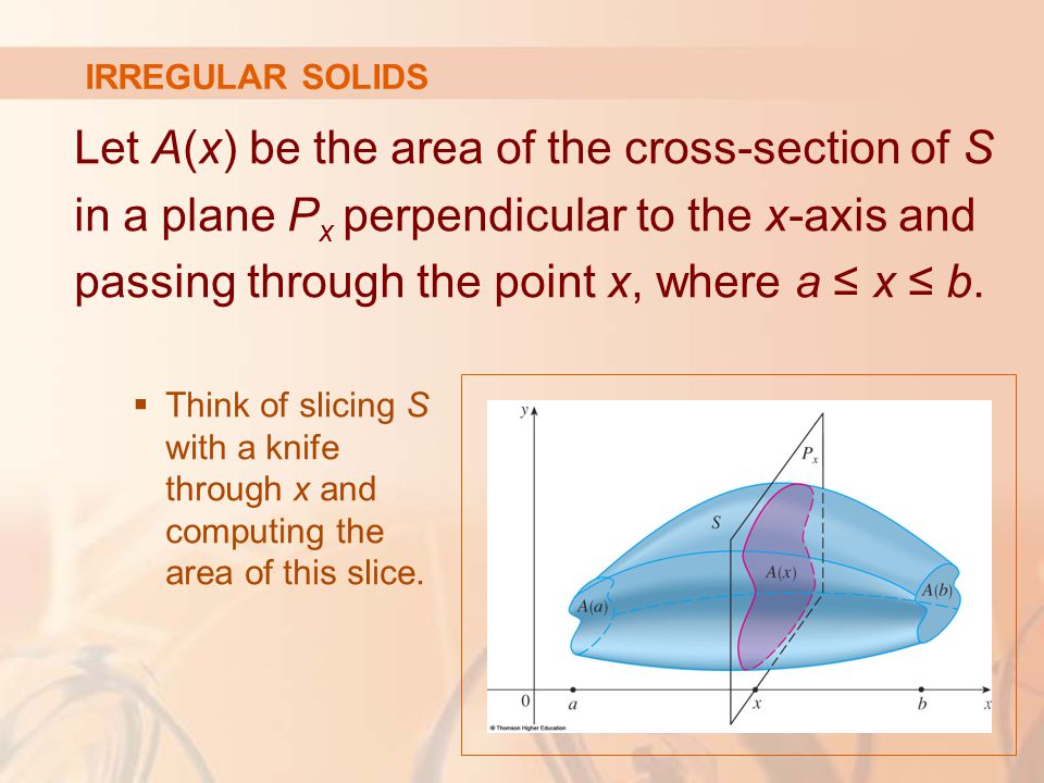 Let A(x) be the area of the cross-section of S
