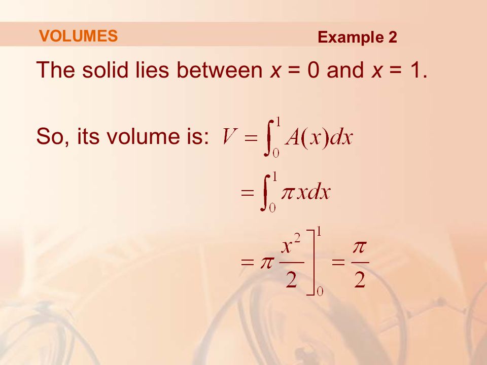 The solid lies between x = 0 and x = 1. So, its volume is:
