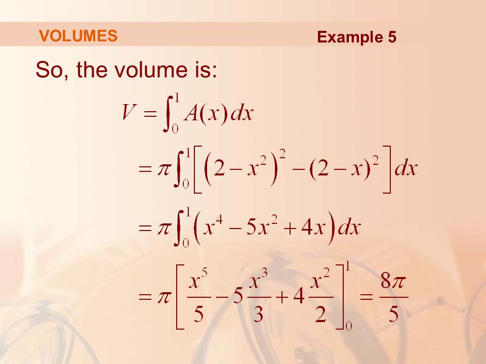 VOLUMES Example 5 So, the volume is: