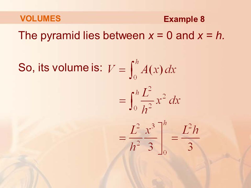 The pyramid lies between x = 0 and x = h. So, its volume is: