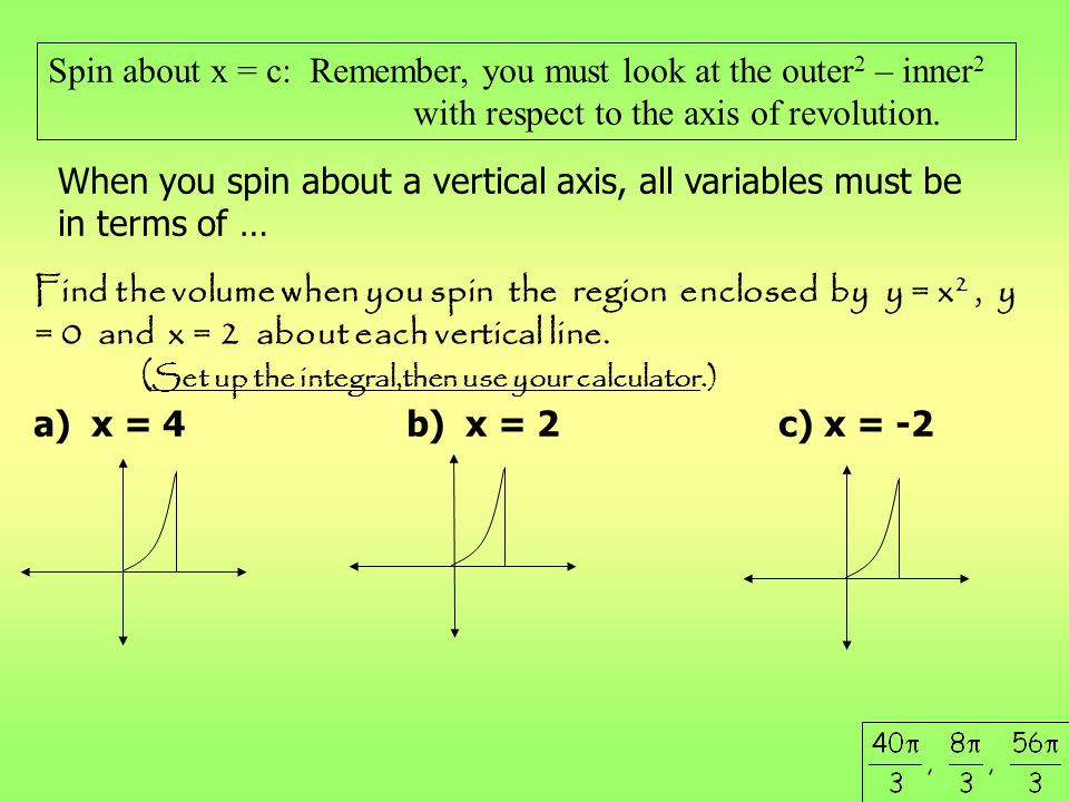 Spin about x = c: Remember, you must look at the outer2 – inner2