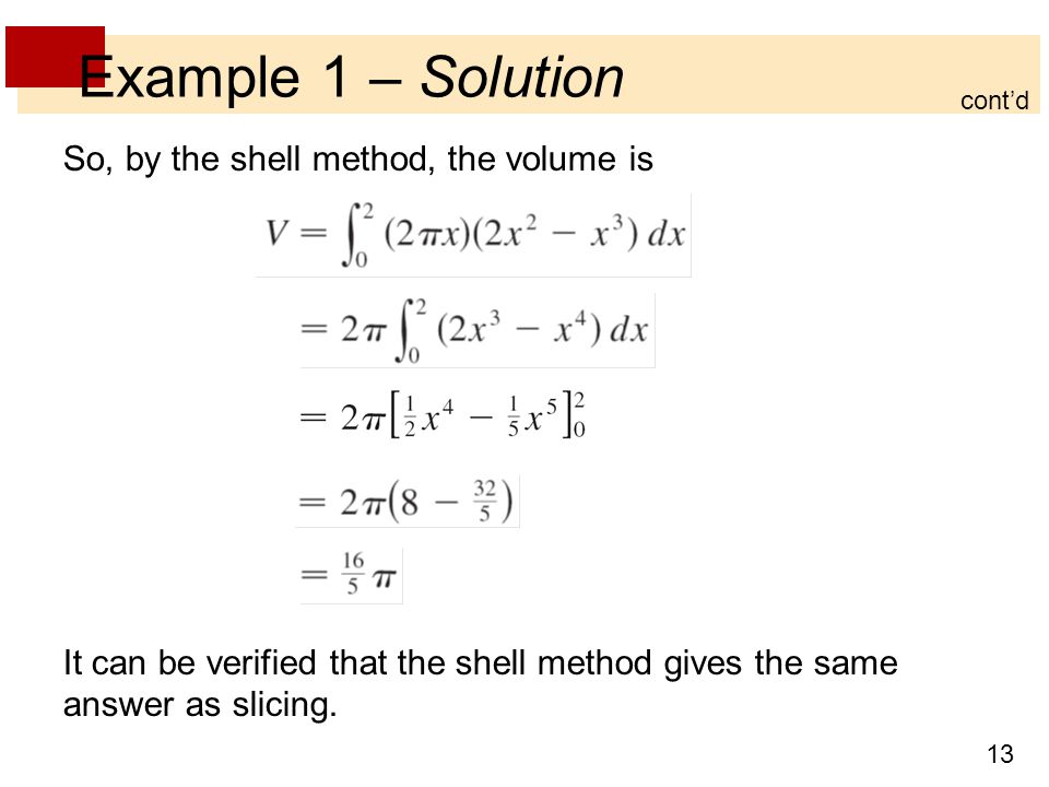 Example 1 – Solution So, by the shell method, the volume is