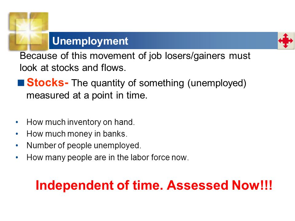 Unemployment Because of this movement of job losers/gainers must. look at stocks and flows.